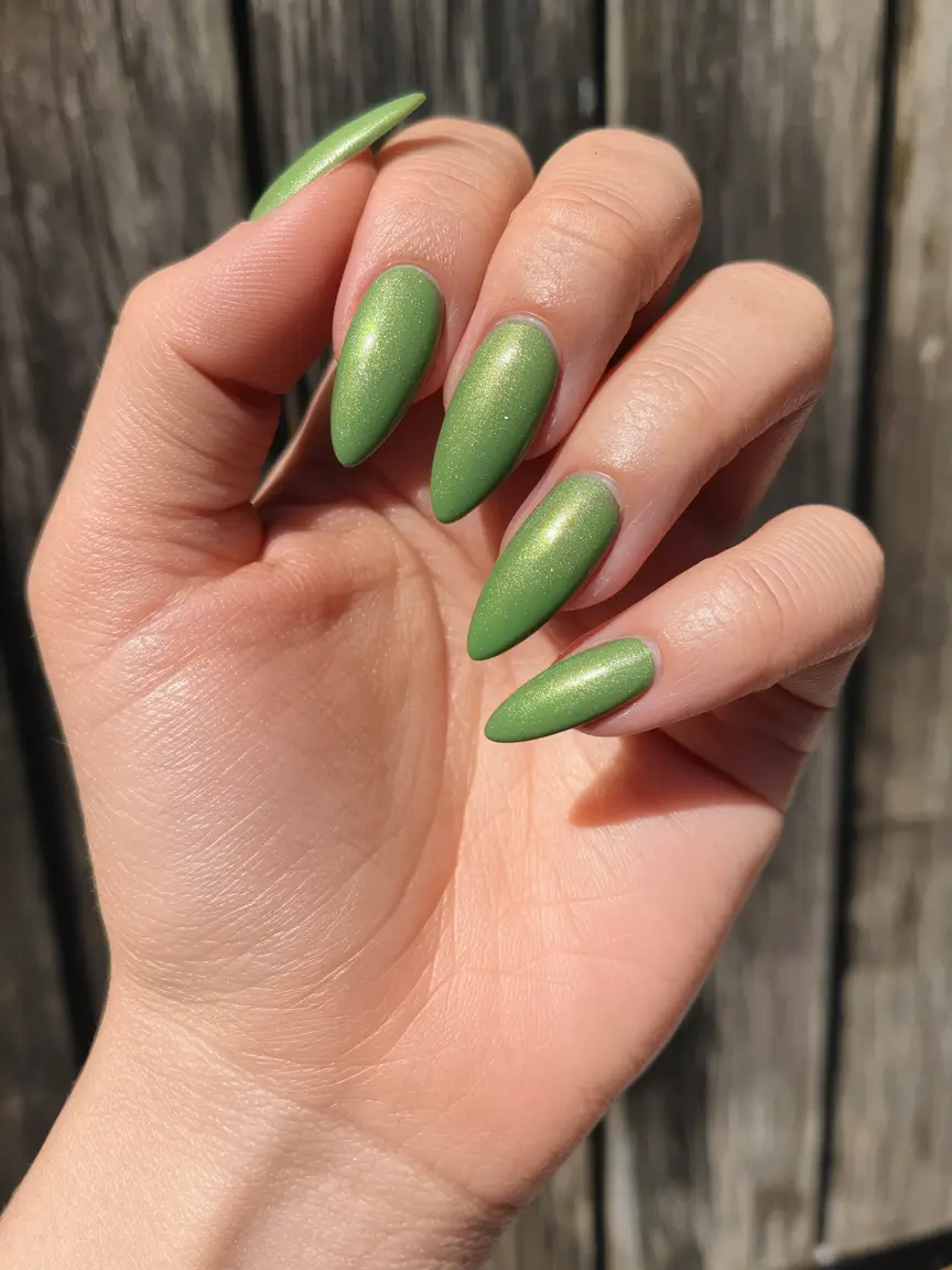 fall green nails 2025 Shimmered Green Almond