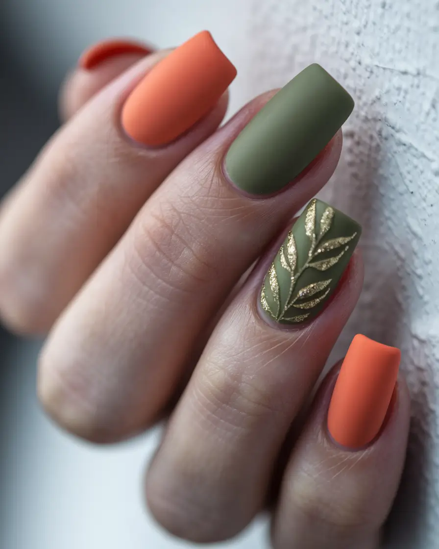 fall green nails Matte Olive and Burnt Orange Botanical