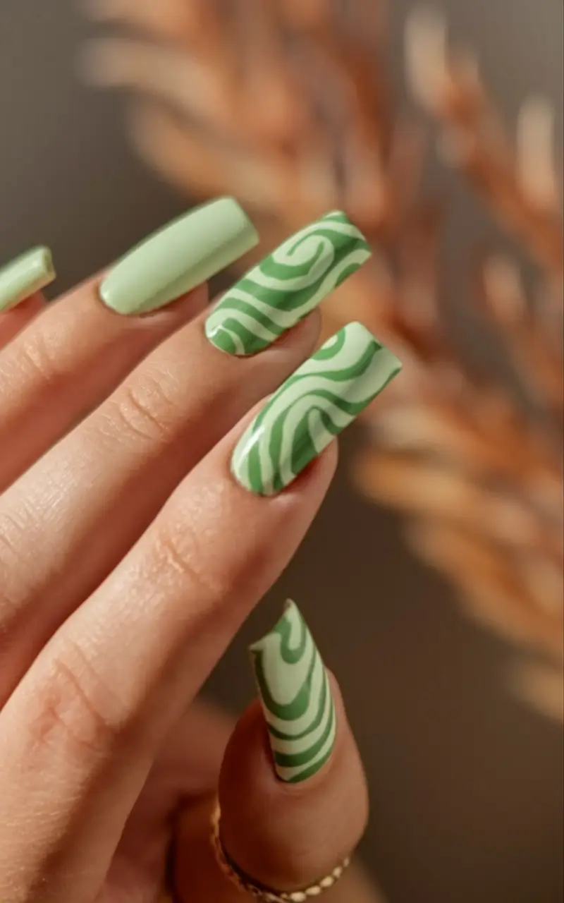 fall green nails Swirled Sage and Mint Geometry