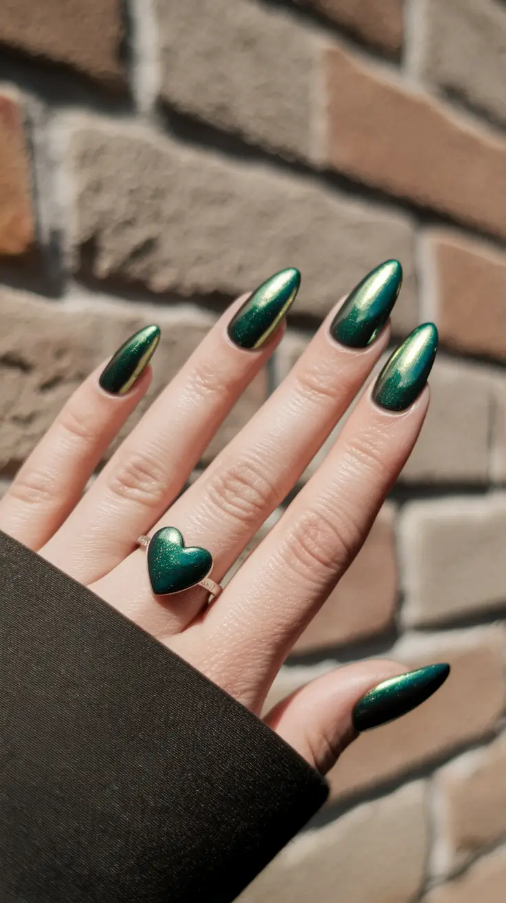 fall green nails 2025 Deep Forest Chrome Glow