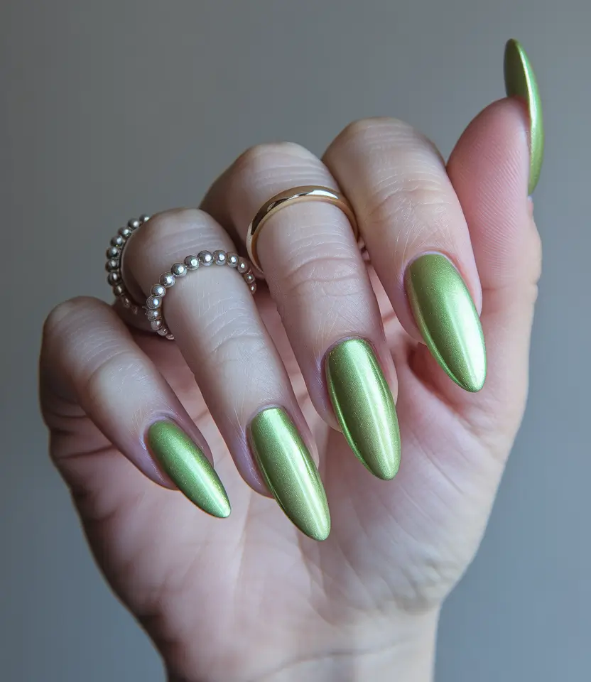 fall green nails 2025 Golden Sage Chrome