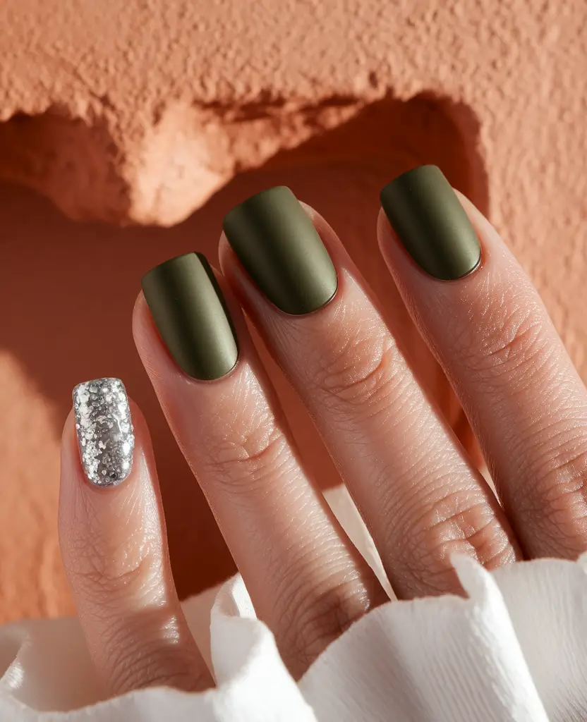 fall green nails 2025 Olive Matte with Silver Accent
