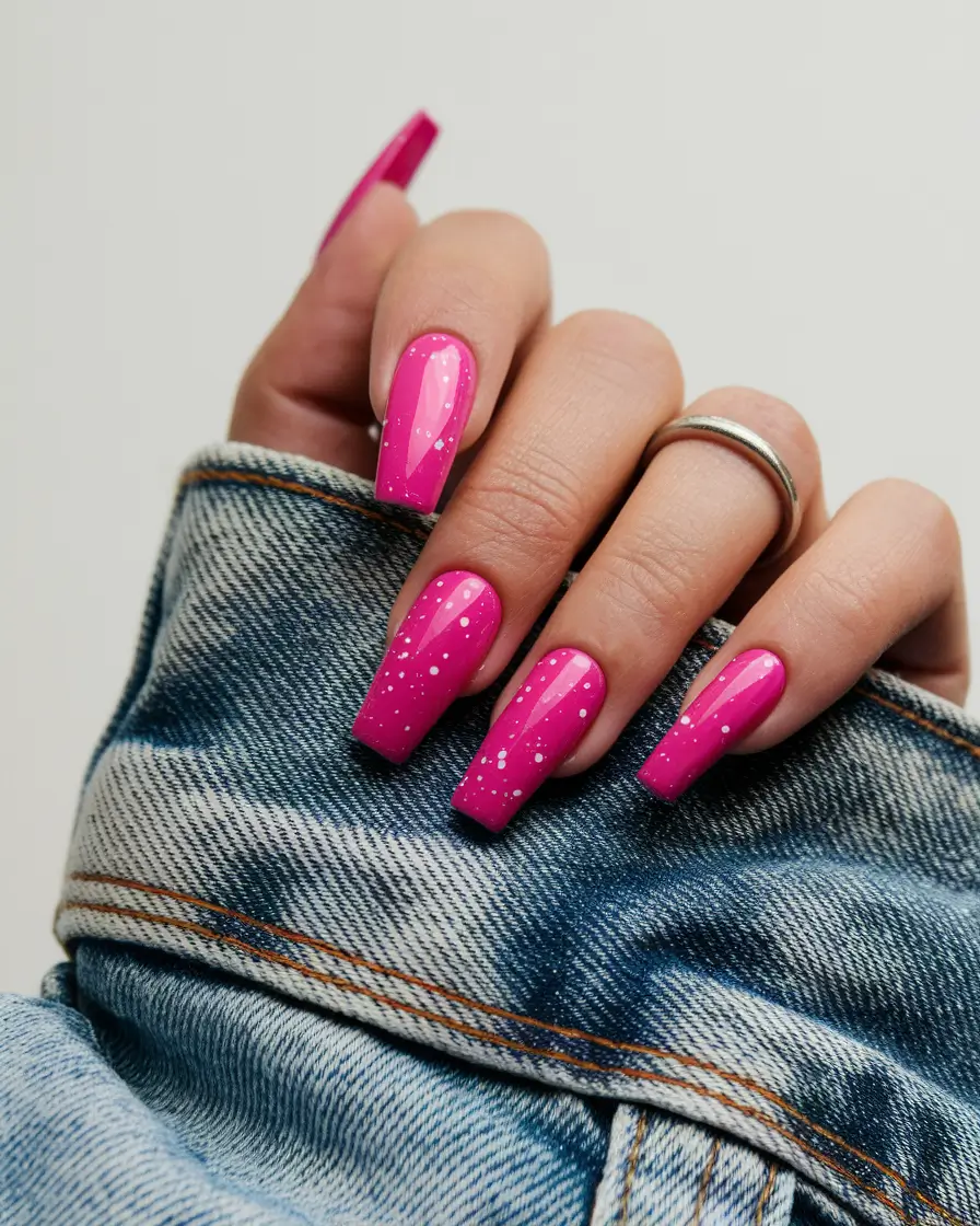 pink fall nails 2025 Glossy Hot Pink with Sparkle