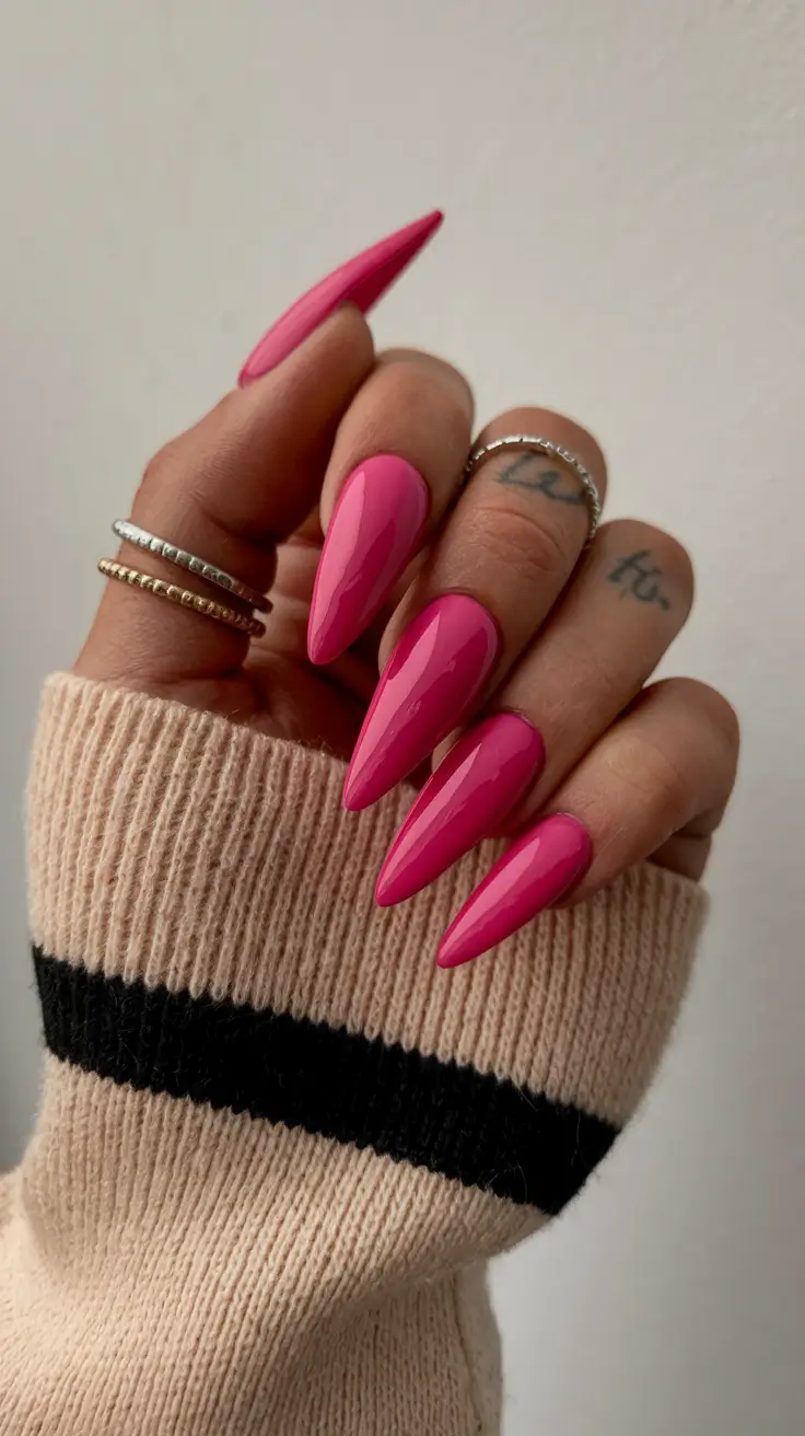 pink fall nails 2025 Sharp Hot Pink Stilettos