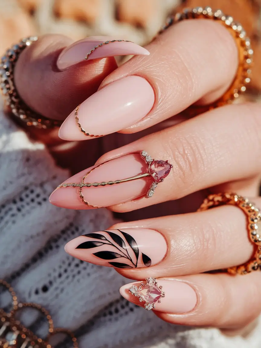 pink fall nails 2025 Elegant Pink with Gold and Black Accents
