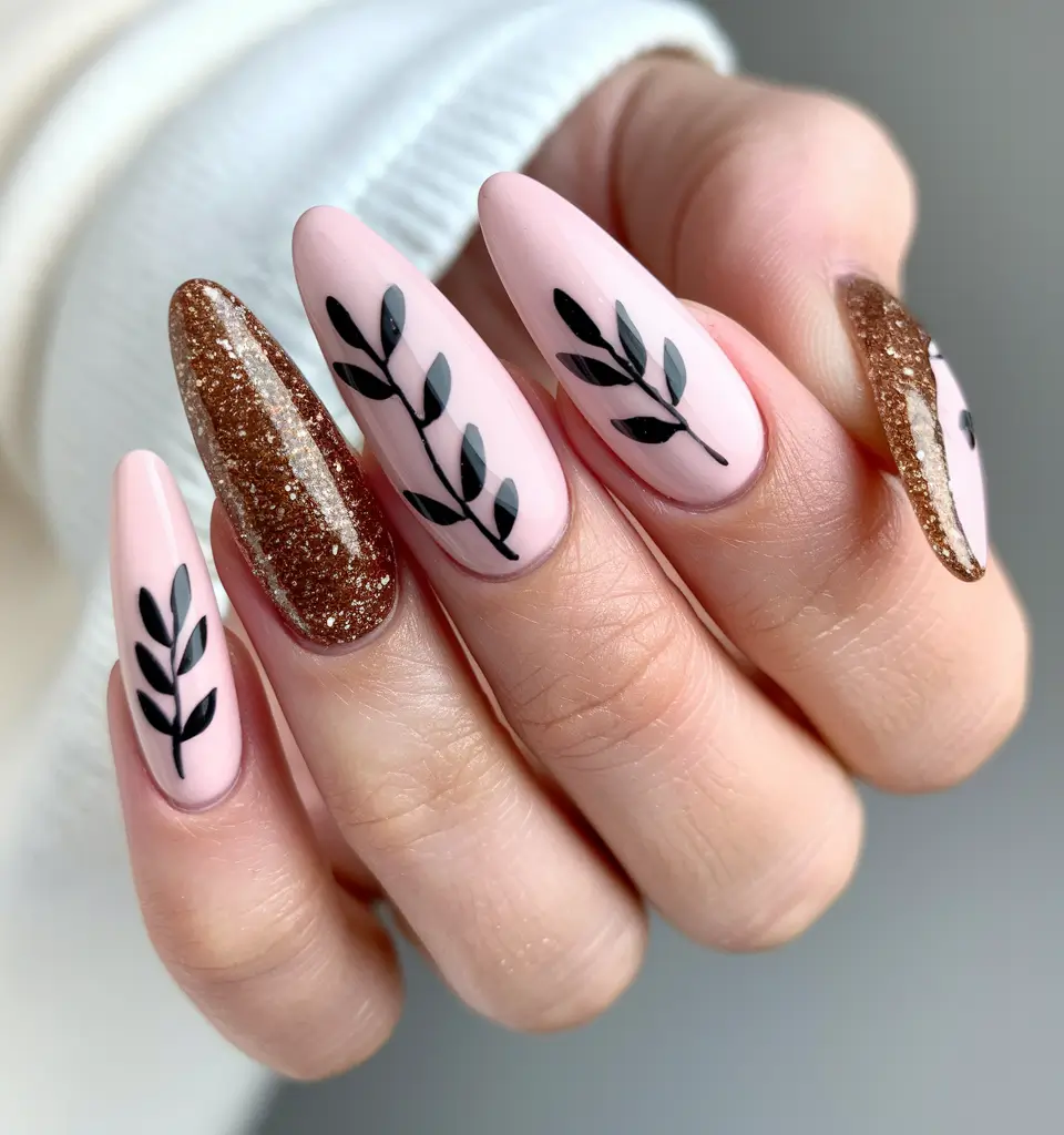 pink fall nails 2025 Botanical Black Leaves with Brown Sparkle