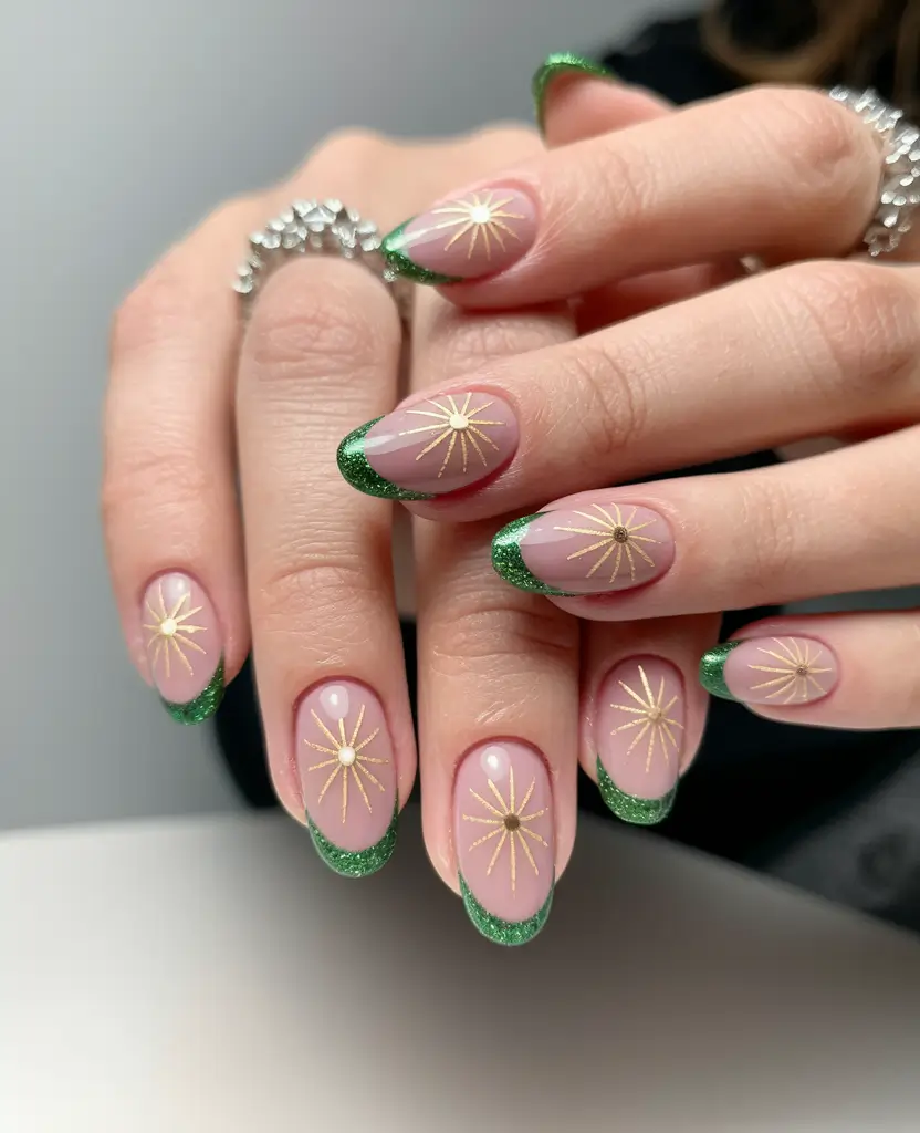 pink fall nails 2025 Green French with Golden Stars