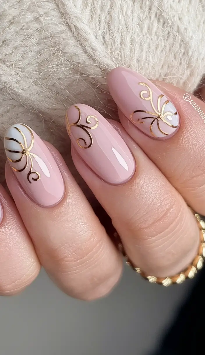 pink fall nails 2025 Delicate Gold Scrollwork