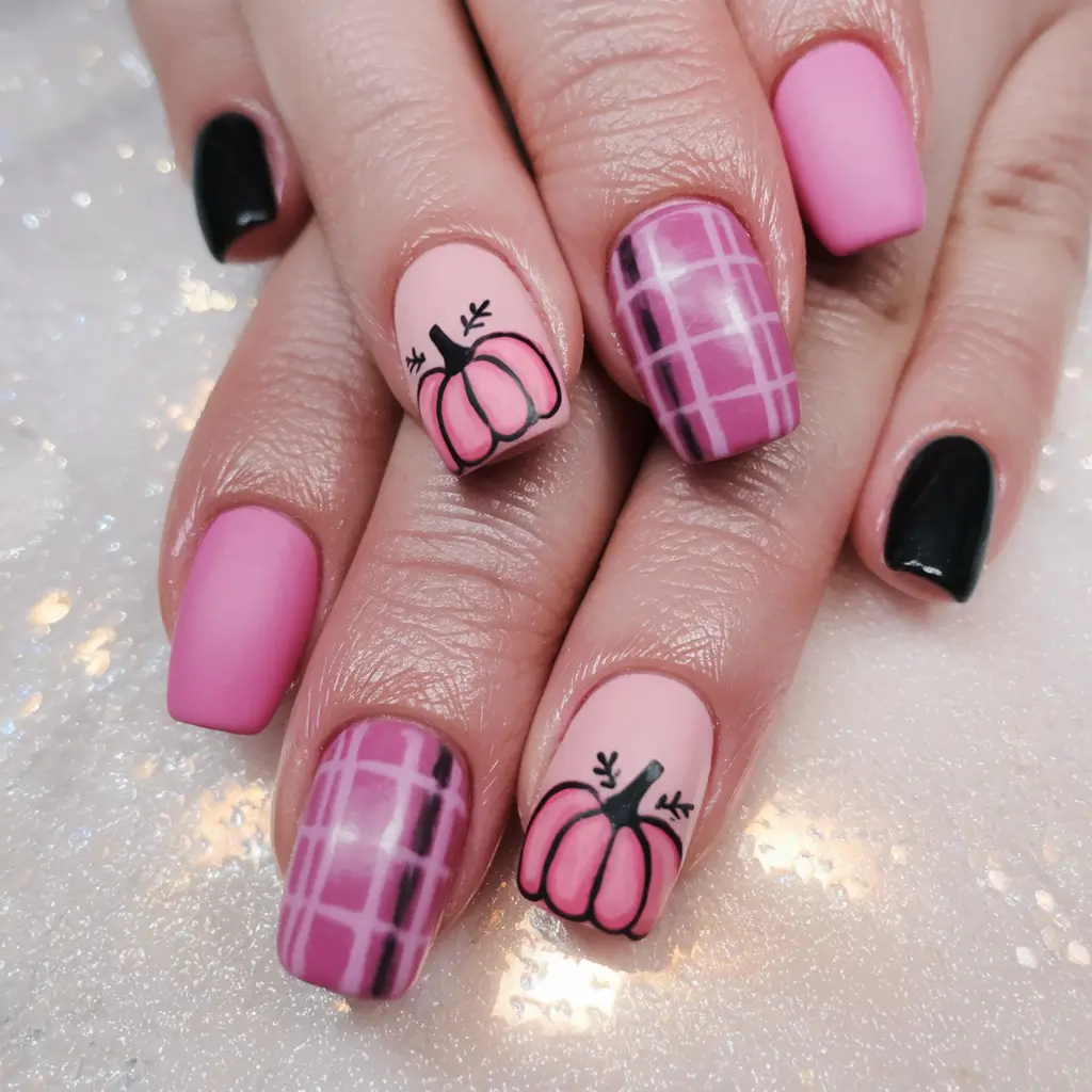 pink fall nails 2025 Plaid Meets Pumpkin