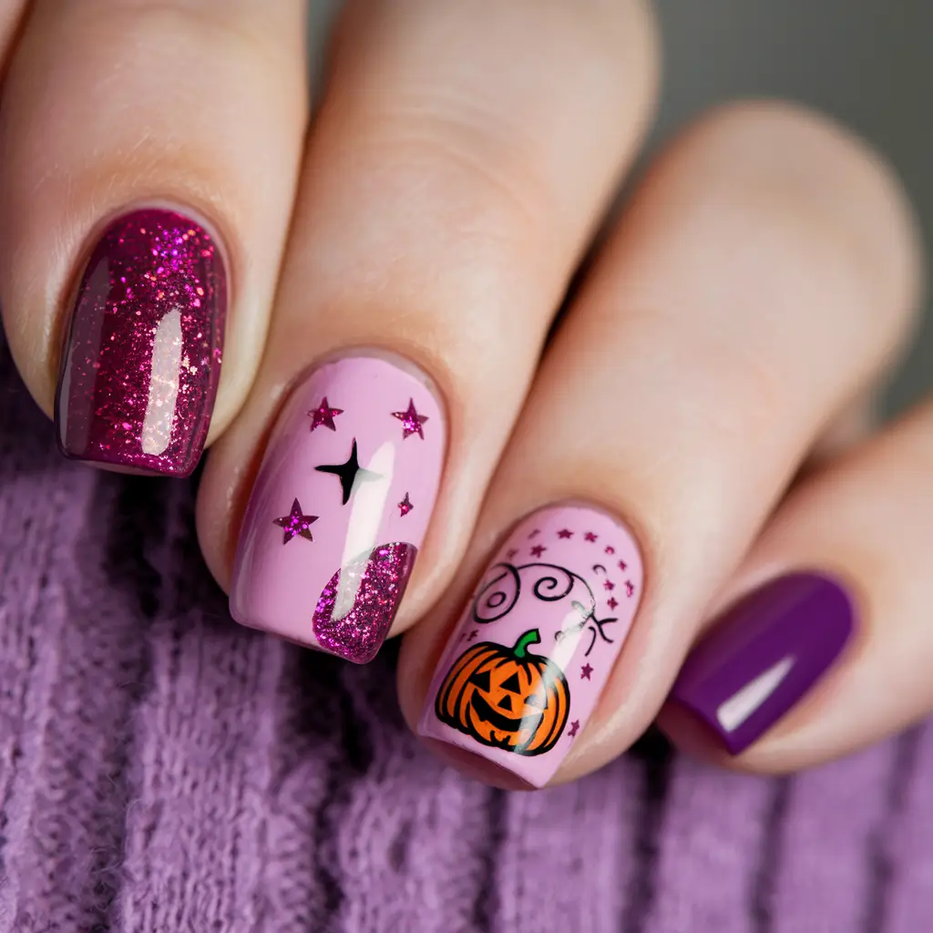 pink fall nails 2025 Halloween Sparkle