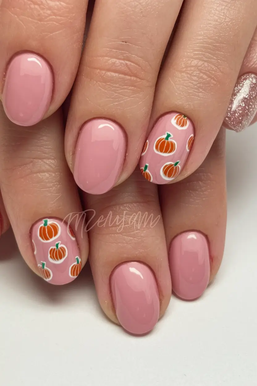 pink fall nails 2025 Playful Pumpkins on Pale Pink