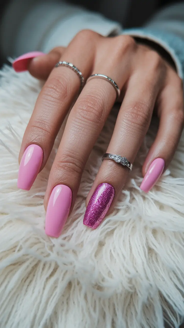pink fall nails 2025 Glitter Accent on Classic Pink