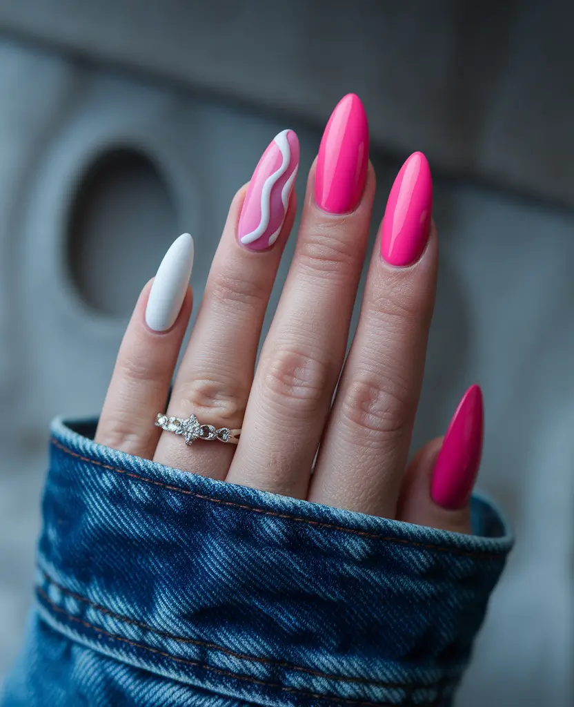 pink fall nails 2025 Hot Pink Waves with White Accent