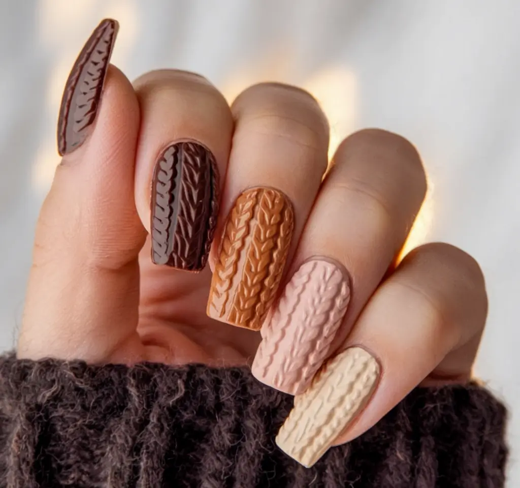 fall square nails 2025 Cozy Knit Texture in Warm Autumn Shades