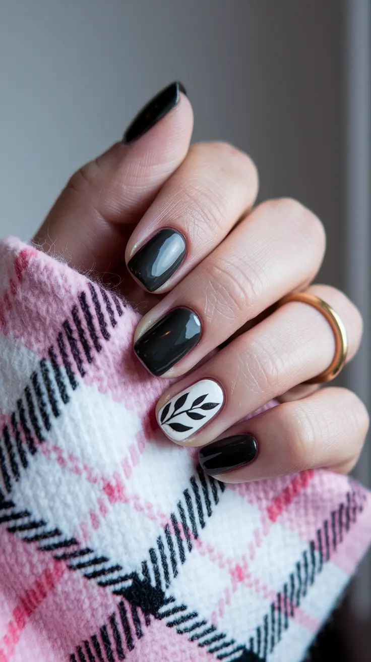 fall square nails 2025 Monochrome Leaf Accent
