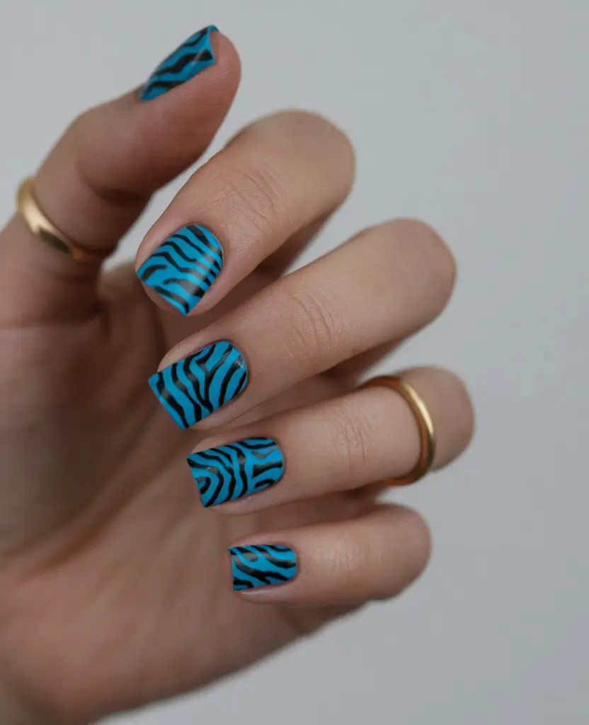 fall square nails 2025 Matte Turquoise with Zebra Stripes