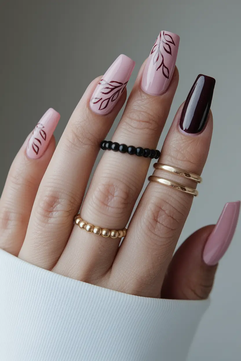 Fall Nails 2025 with Square Shape Rosé & Merlot Leaf Accents