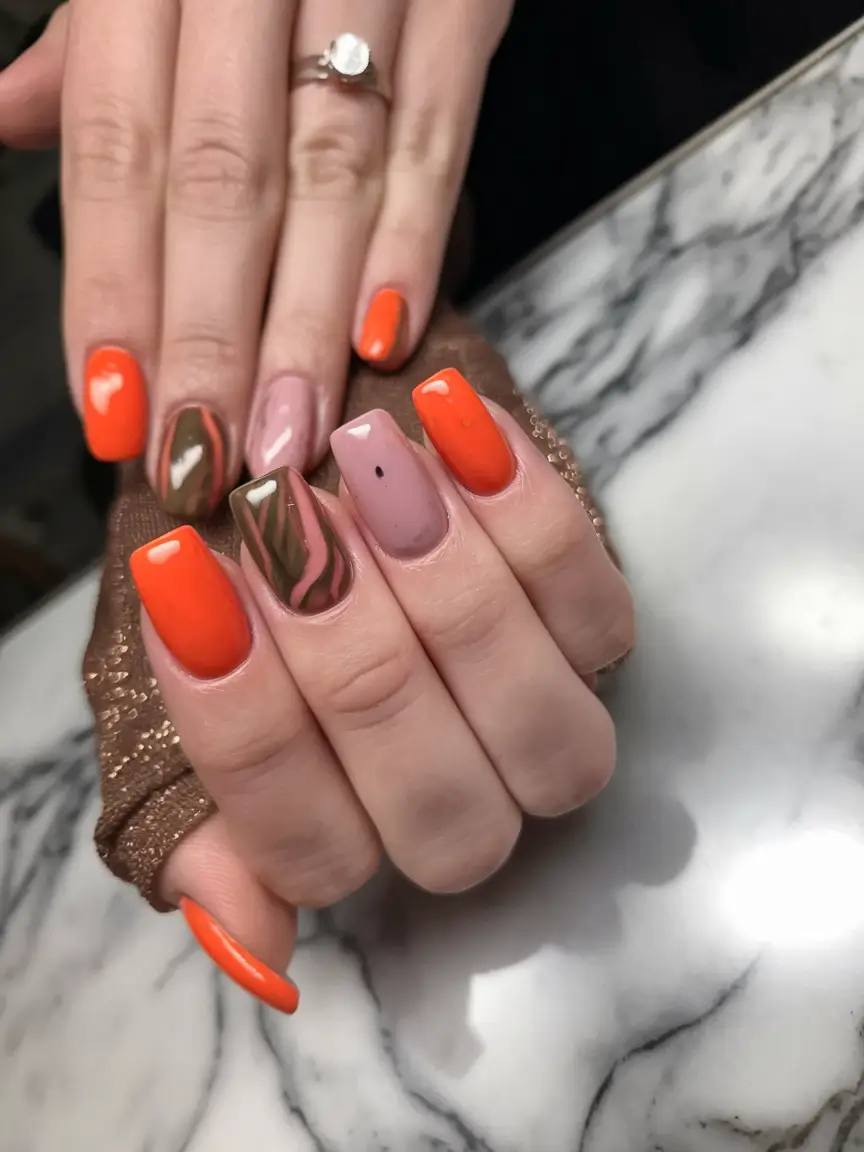 Fall Nails 2025 with Square Shape Autumn Glow with Tangerine & Mocha Swirls