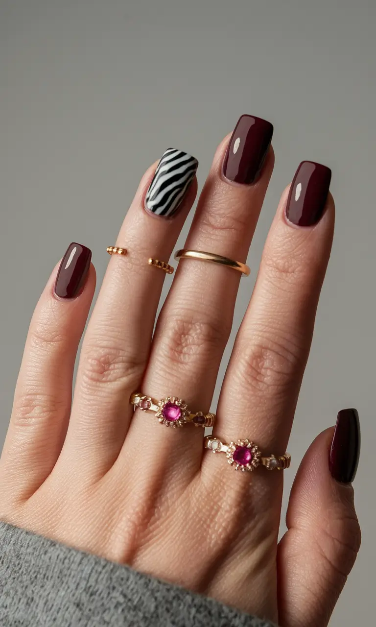 fall square nails 2025 Deep Wine Elegance with a Wild Accent