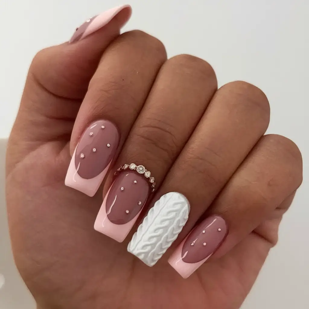 Fall Nails 2025 with Square Shape Cozy Knit & Pink French Sparkle