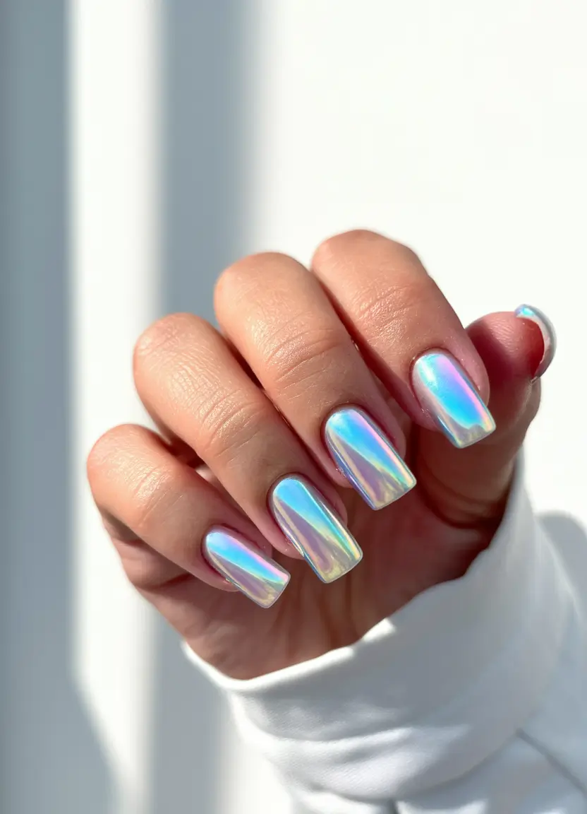 Autumn 2025 Nail Color Inspiration – Iridescent Pearl Chrome Squares