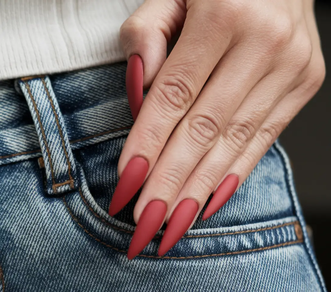 Autumn 2025 Nail Color Inspiration – Matte Brick-Rose Almonds with Denim Energy