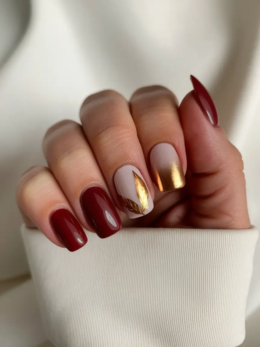 Autumn 2025 Nail Color Inspiration – Burgundy Mix with Foil-Leaf Accent
