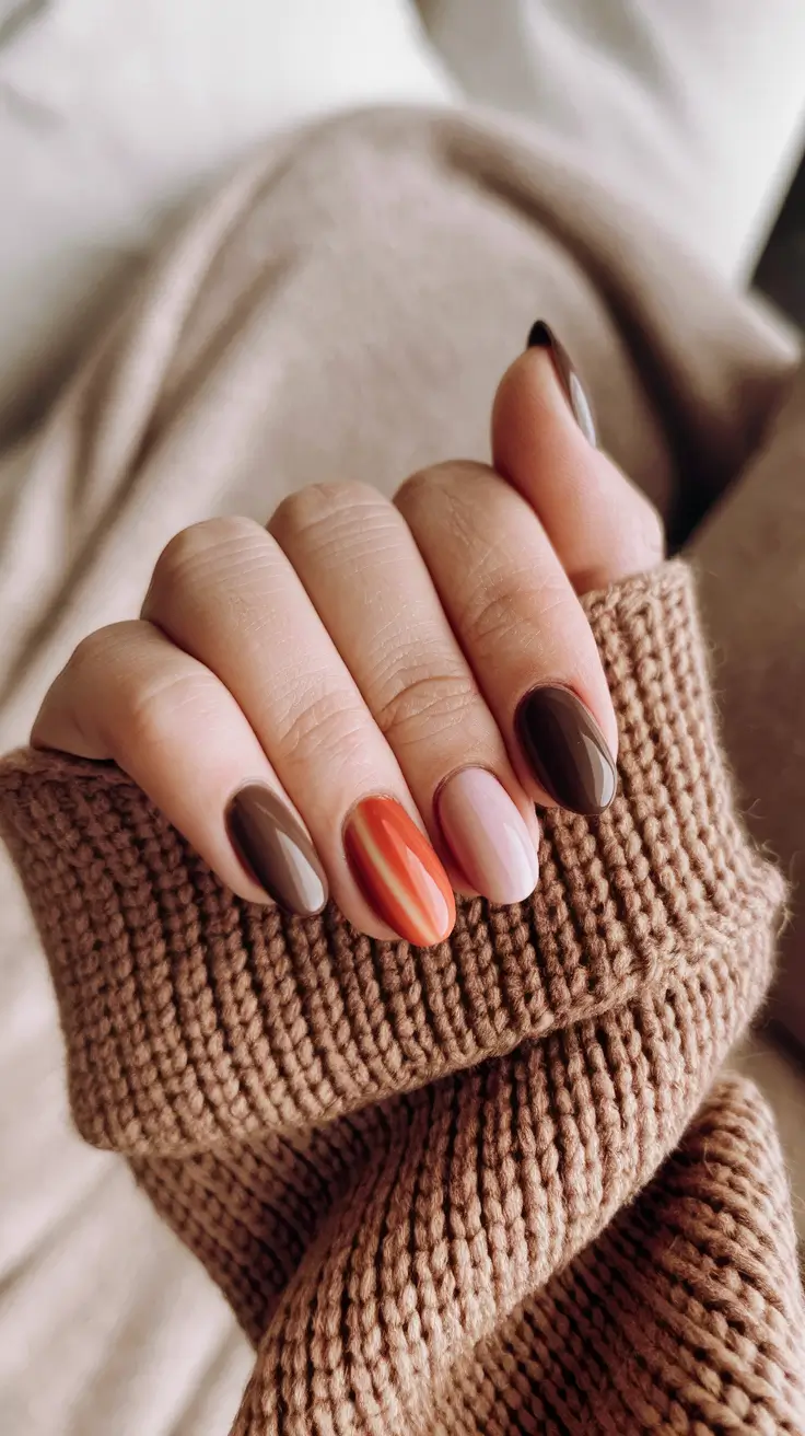 Autumn 2025 Nail Color Inspiration – Cocoa Sweater Palette with Pumpkin Stripe