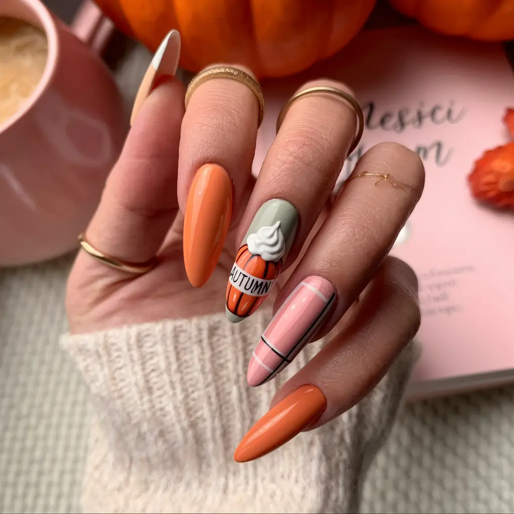 Autumn 2025 Nail Color Inspiration – Pumpkin-Spice Almonds with Plaid Accent