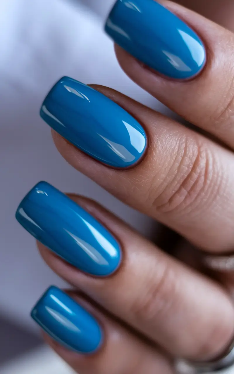 Autumn 2025 Nail Color Inspiration – Lake-Blue Shine on Short Squares