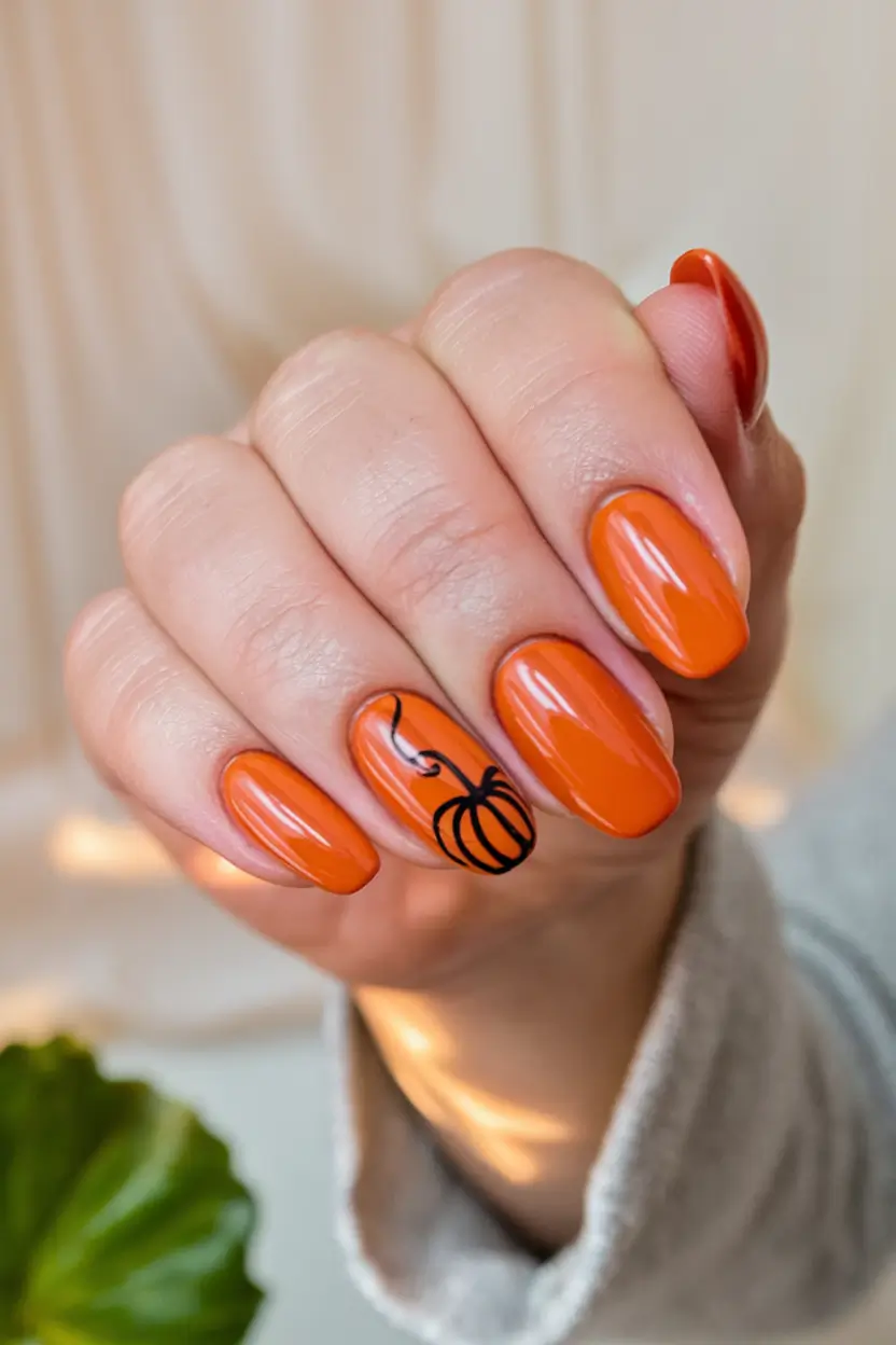 Autumn 2025 Nail Color Inspiration – Tangerine Oval with Minimal Pumpkin Line Art