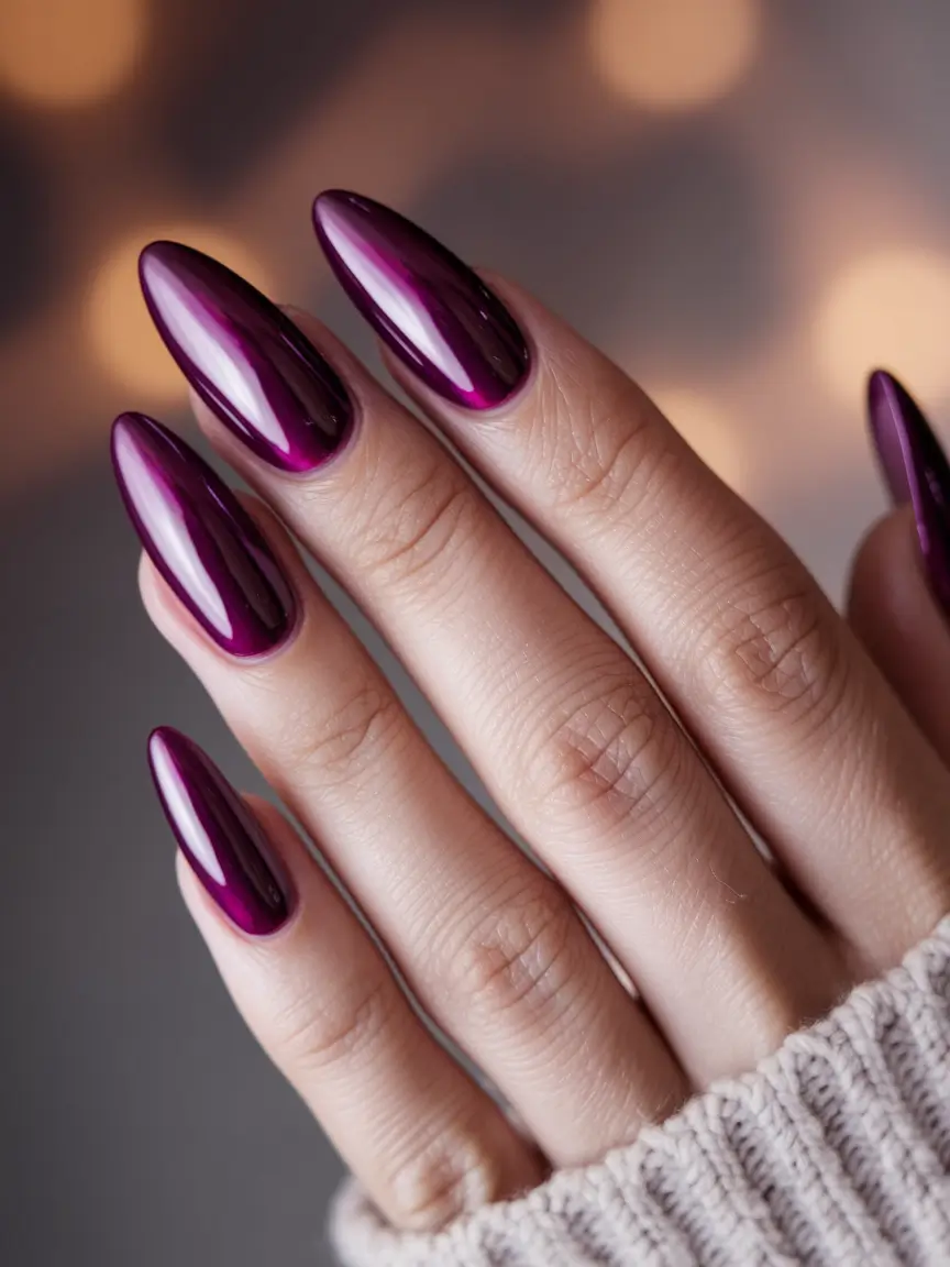 Autumn 2025 Nail Color Inspiration – Plum Chrome Cat-Eye for Night Markets