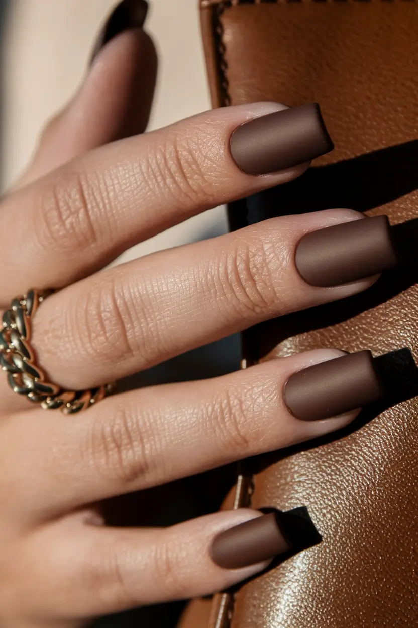 Autumn 2025 Nail Color Inspiration – Matte Mocha Squares, Cozy and Minimal