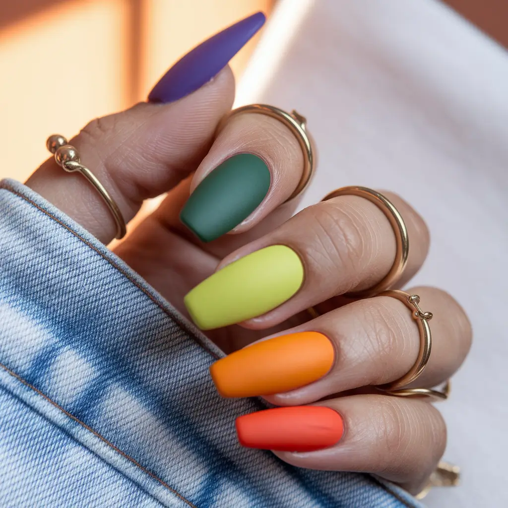 Autumn 2025 Nail Color Inspiration – Matte Harvest Rainbow, One Finger at a Time
