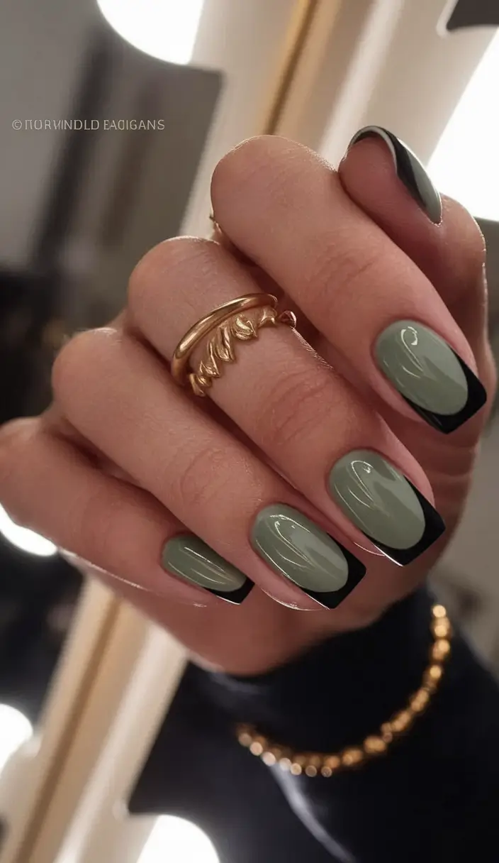 Autumn 2025 Nail Color Inspiration – Sage Green with Glossy Black Frame