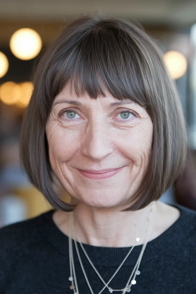 Beautiful Fall 2025 hairstyles for Women 50+ – Short Bob with Straight Fringe
