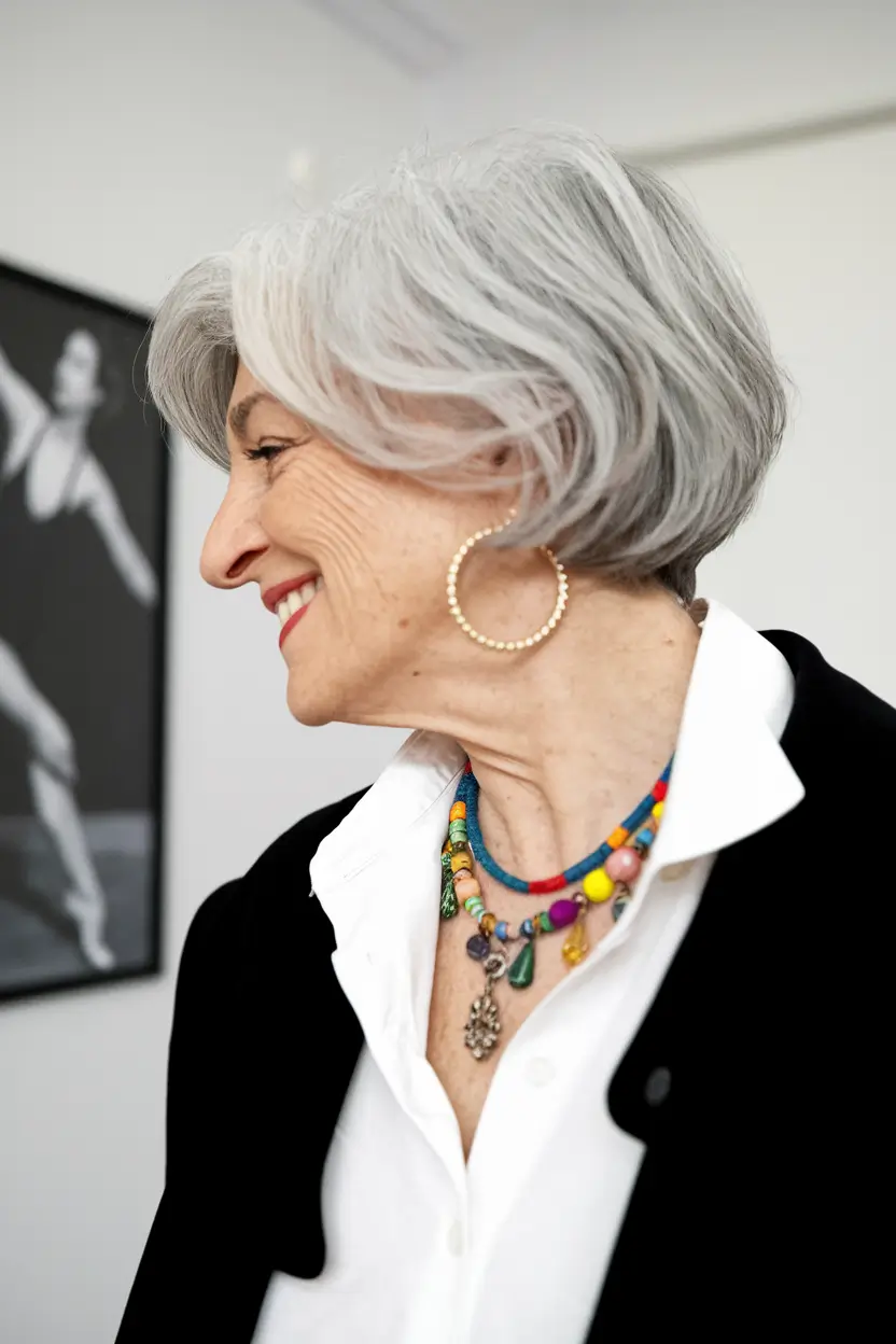Beautiful Fall 2025 hairstyles for Women 50+ – Silver Grace Short Bob with Side Sweep