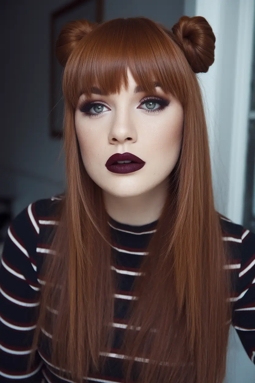 Best Fall Hair Colors Trends 2025 for Cool Skin – Cinnamon Auburn with Blunt Fringe + Mini Buns
