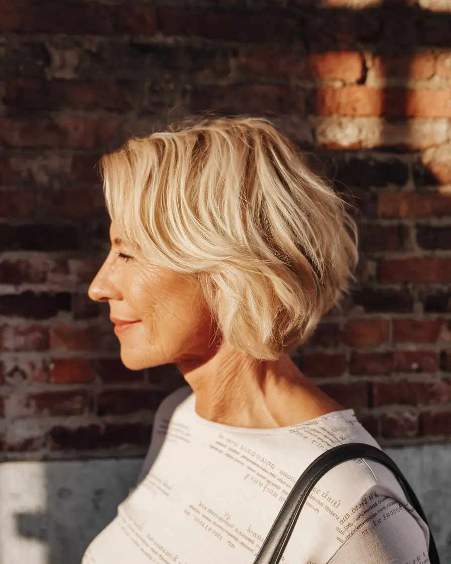 Best Fall hairstyles for Women 40+ in 2025 – Choppy Blonde Bob with Side-Swept Layers