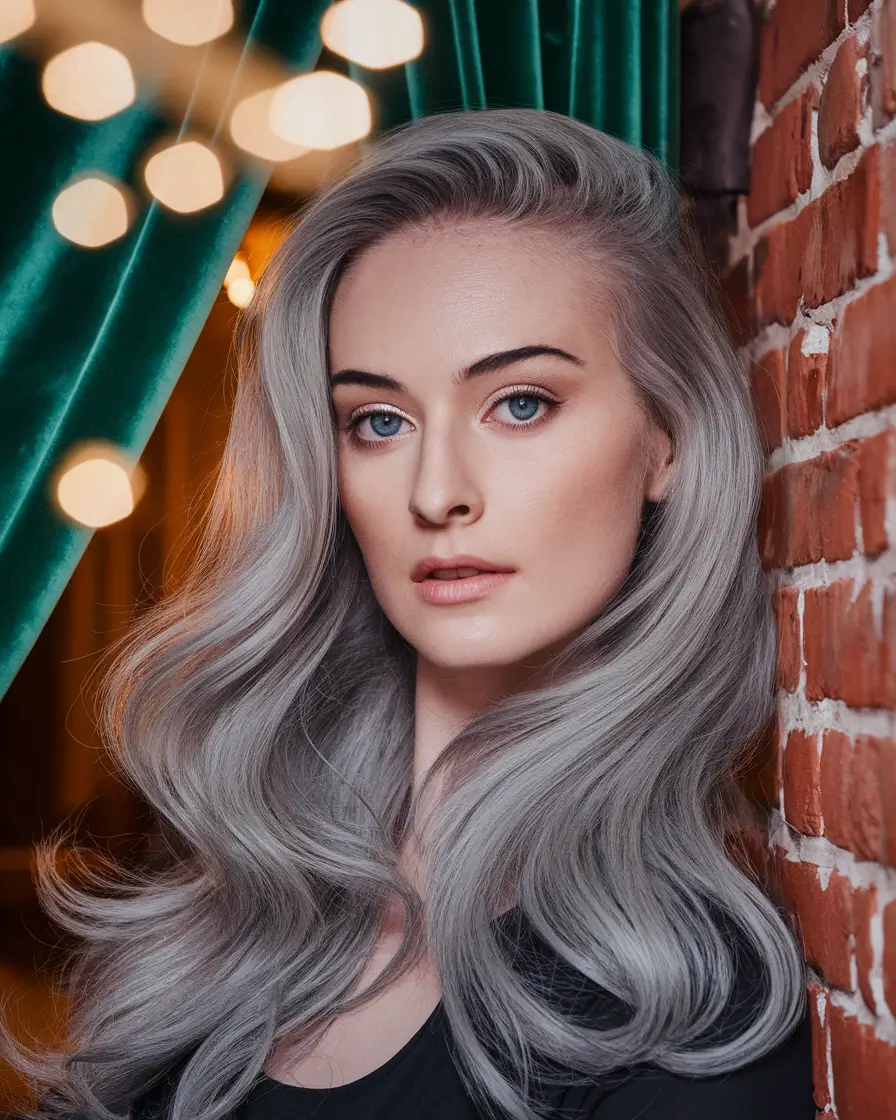 Best Fall hairstyles for Women 40+ in 2025 – Long Silver Waves with Deep Side Part