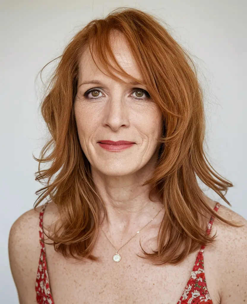 Best Fall hairstyles for Women 40+ in 2025 – Layered Copper Shag with Side Fringe