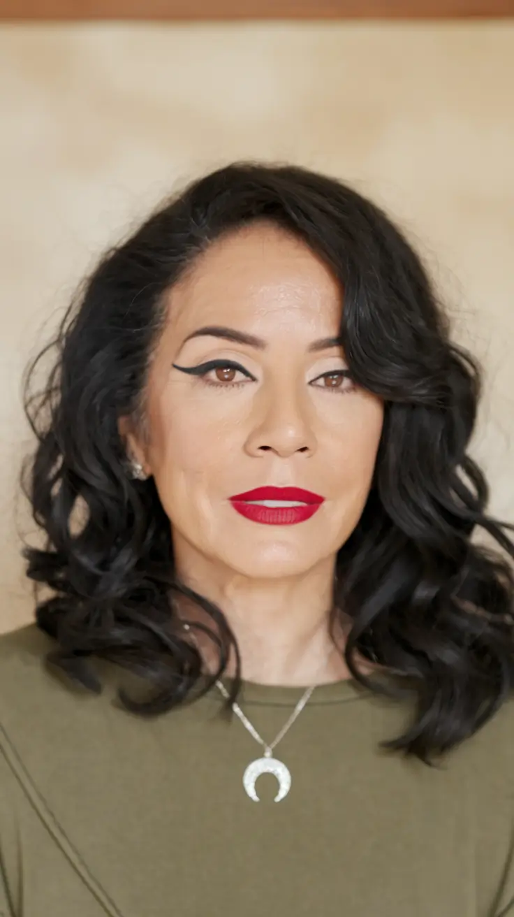 Best Fall hairstyles for Women 40+ in 2025 – Glossy Black Curls with Side Sweep