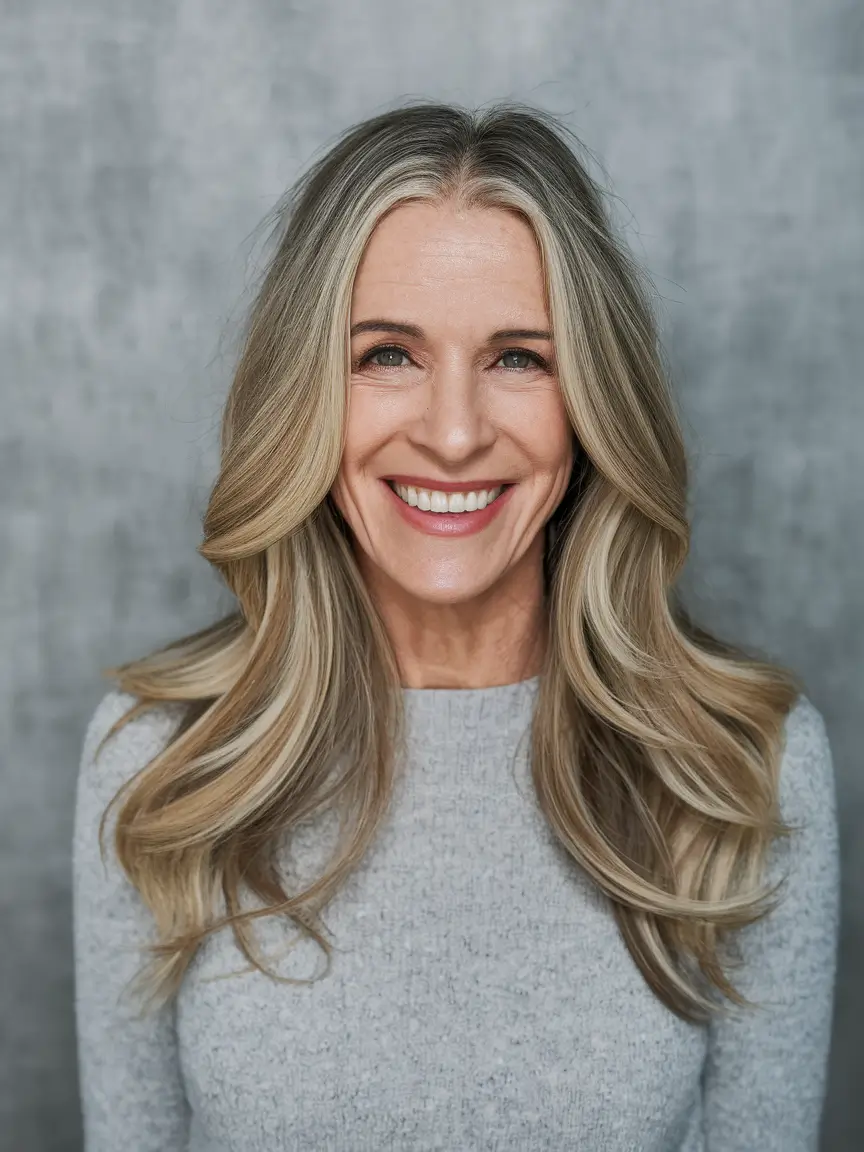 Best Fall hairstyles for Women 40+ in 2025 – Face-Framing Blonde Layers with Middle Part