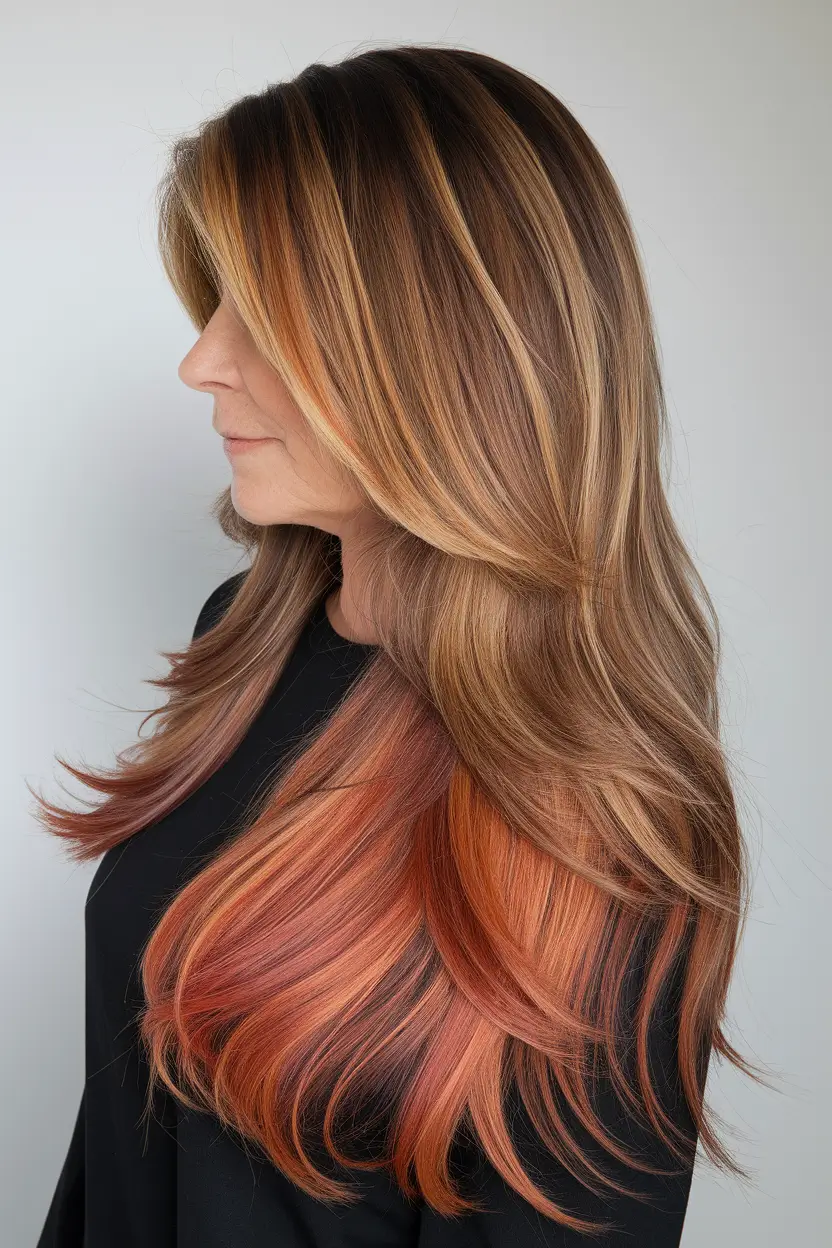 Best Fall hairstyles for Women 40+ in 2025 – Long Caramel Balayage with Copper Tips