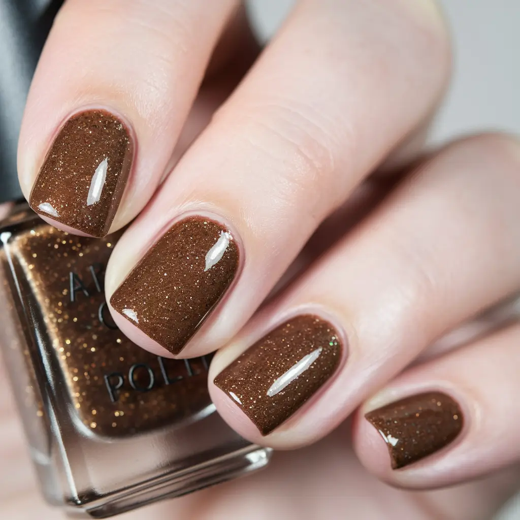 brown fall nails designs 2025 Glittering Mocha on Short Nails