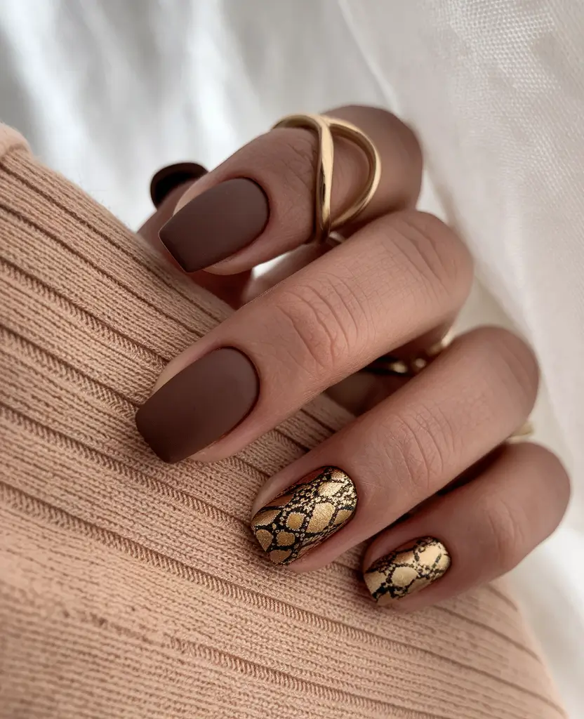 brown fall nails designs 2025 Matte Mocha with Golden Snake Print