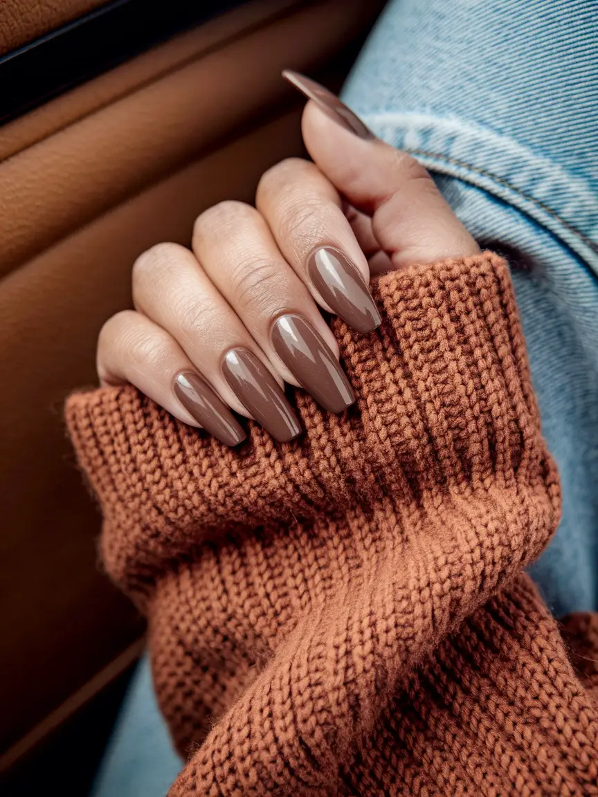 brown fall nails designs 2025 Glossy Caramel Almonds