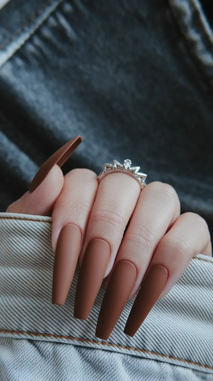 brown fall nails designs 2025 Extra Long Matte Cocoa Coffins
