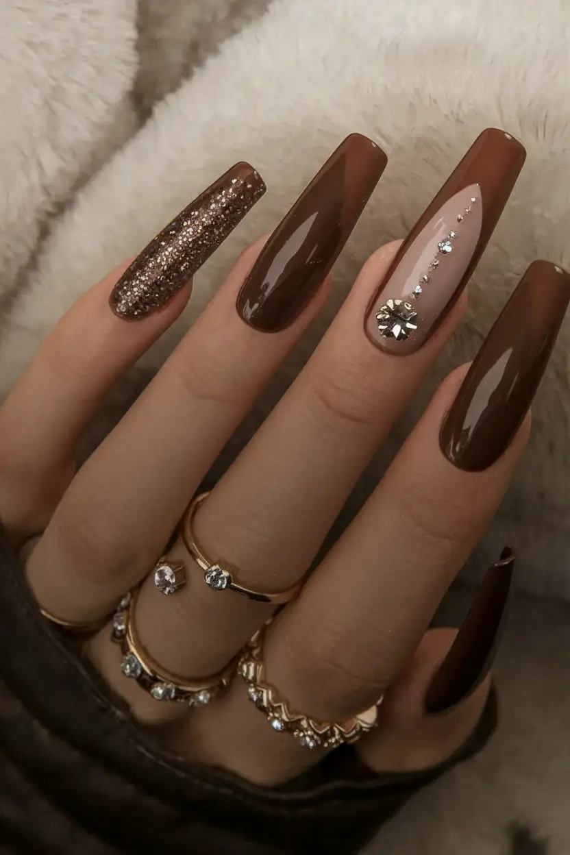 brown fall nails designs 2025 Glitter, Gloss & Rhinestone Glam