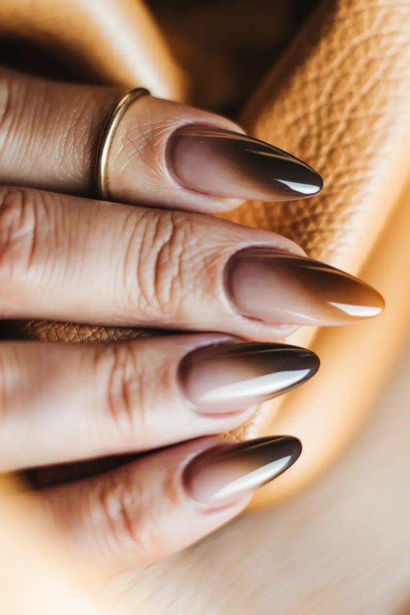 brown fall nails designs 2025 Glossy Ombre Cocoa Fade